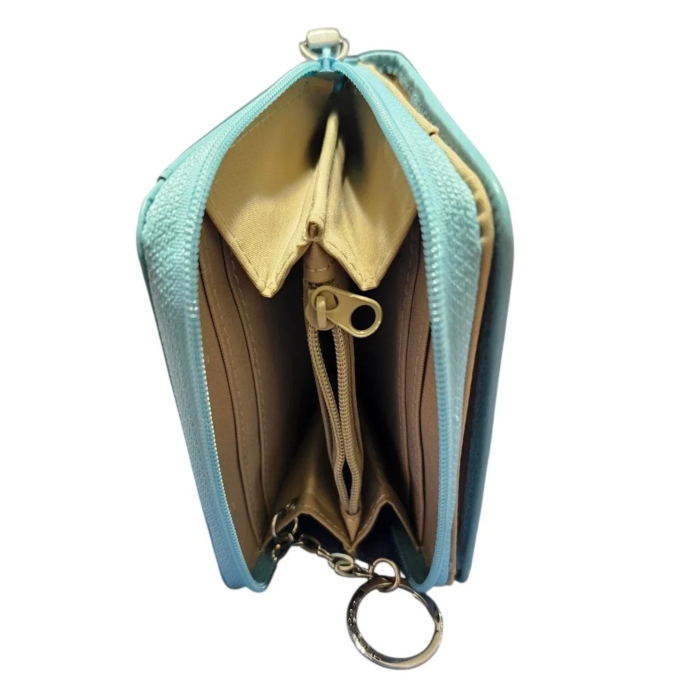 Fossil Aqua Blue‎ Leather Compact Zip Around Bifold Wallet with ID Window